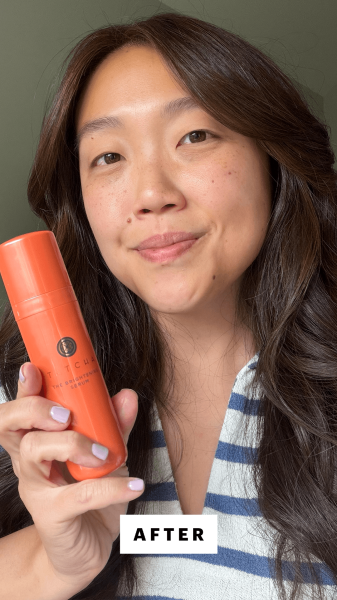 Allure contributing commerce writer Christa Joanna Lee after applying the Tatcha The Brightening Serum