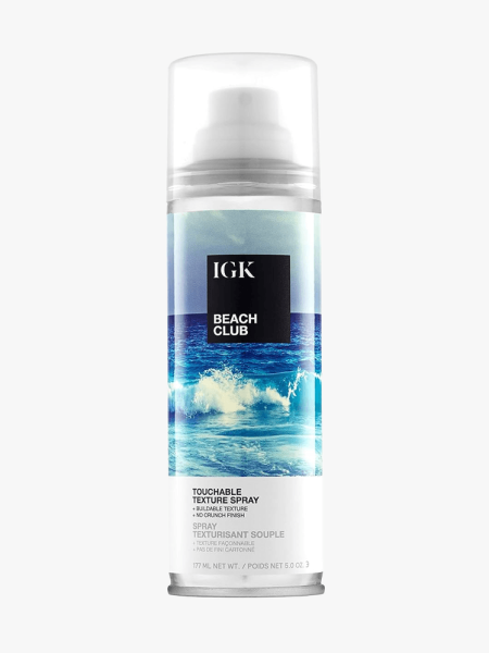 IGK Beach Club Touchable Texture Spray in branded component on a light gray background