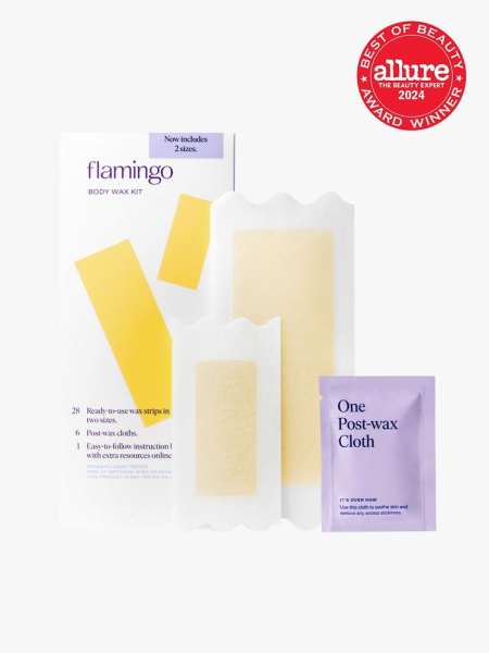 Flamingo Body Wax Kit inclusive of 20 large strips 8 medium strips and 6 post-wax cloths on a light gray background with red Allure Best of Beauty seal in the top right corner